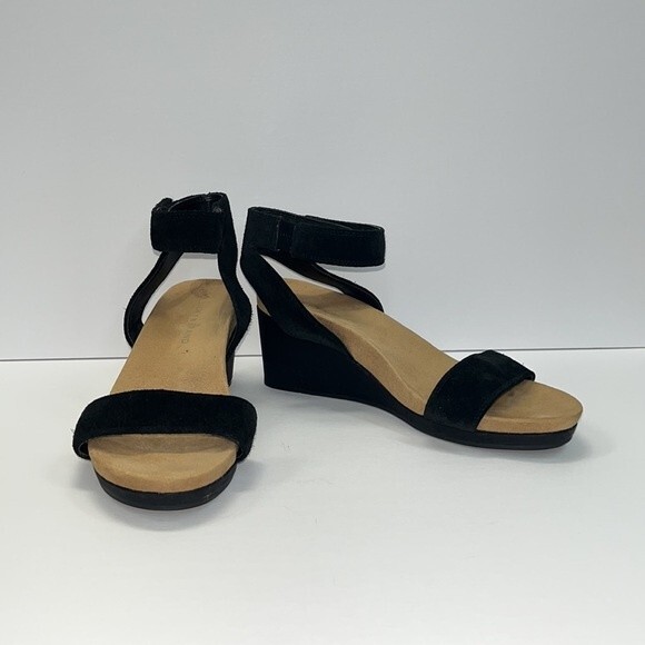 Lucky Brand Kanoa Sandals 7.5 Womens Black Tan Wedge Strappy Leather Open Toe - Picture 2 of 15
